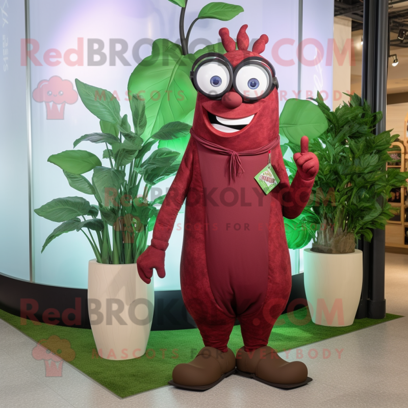 Maroon Beanstalk mascot costume character dressed with a Dress Pants and Eyeglasses Maroon Beanstalk mascot costume character dressed with a Dress Pants and Eyeglasses