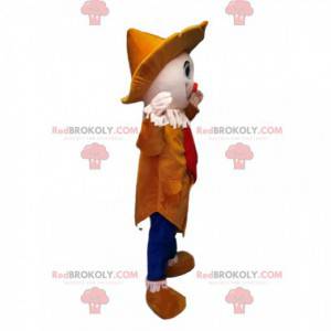Mascote palhaço com um pequeno nariz laranja e um lindo chapéu