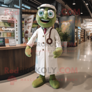 Olive Doctor mascot costume character dressed with a Button-Up Shirt and Wraps