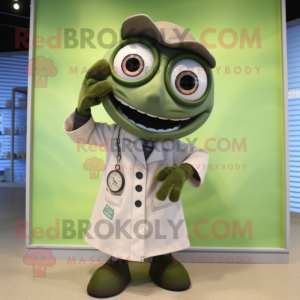 Olive Doctor mascot costume character dressed with a Button-Up Shirt and Wraps