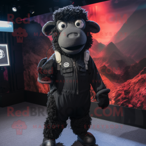 Black Sheep mascot costume character dressed with a Jumpsuit and Backpacks