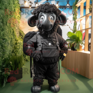 Black Sheep mascot costume character dressed with a Jumpsuit and Backpacks