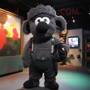 Black Sheep mascot costume character dressed with a Jumpsuit and Backpacks