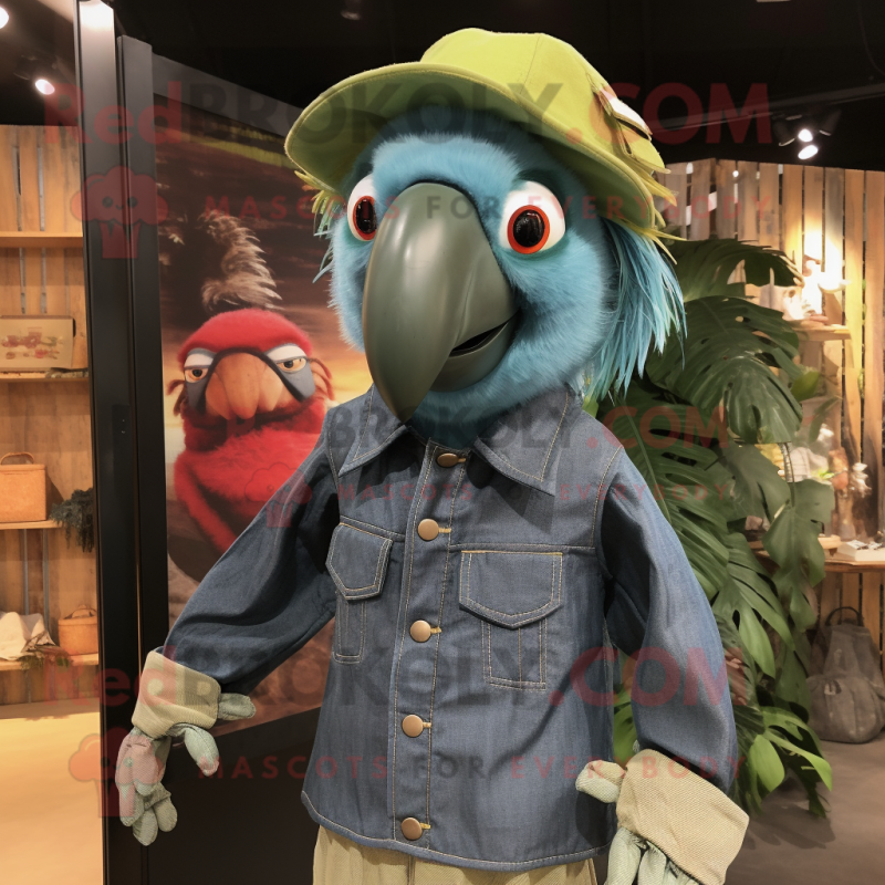 Green Macaw mascot costume character dressed with a Denim Shirt and Cummerbunds