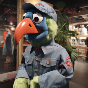 Green Macaw mascot costume character dressed with a Denim Shirt and Cummerbunds