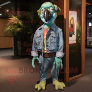 Green Macaw mascot costume character dressed with a Denim Shirt and Cummerbunds