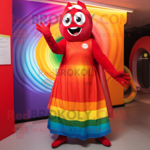 Red Rainbow mascot costume character dressed with a Maxi Dress and Rings