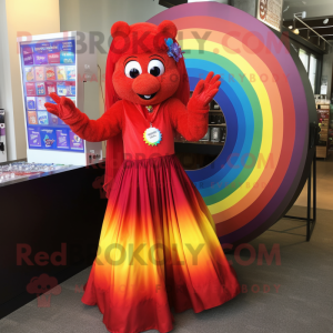 Red Rainbow mascot costume character dressed with a Maxi Dress and Rings