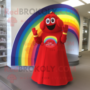 Red Rainbow mascot costume character dressed with a Maxi Dress and Rings