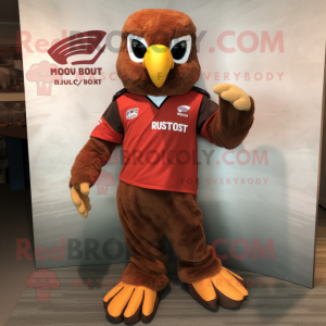 Rust Hawk mascot costume character dressed with a Rash Guard and Foot pads