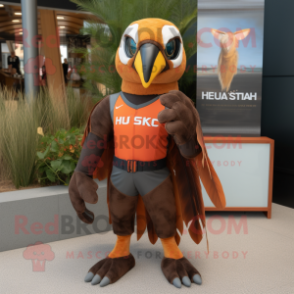 Rust Hawk mascot costume character dressed with a Rash Guard and Foot pads