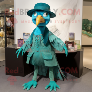 Teal Archeopteryx mascot costume character dressed with a Culottes and Hat pins