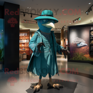 Teal Archeopteryx mascot costume character dressed with a Culottes and Hat pins