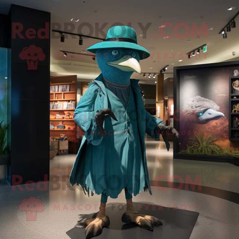Teal Archeopteryx mascot costume character dressed with a Culottes and Hat pins Teal Archeopteryx mascot costume character dressed with a Culottes and Hat pins