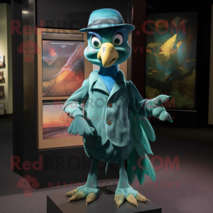 Teal Archeopteryx mascot costume character dressed with a Culottes and Hat pins