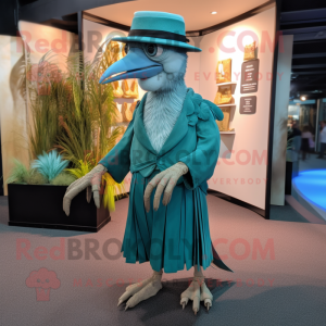 Teal Archeopteryx mascot costume character dressed with a Culottes and Hat pins