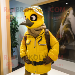 Yellow Woodpecker mascot costume character dressed with a Parka and Belts