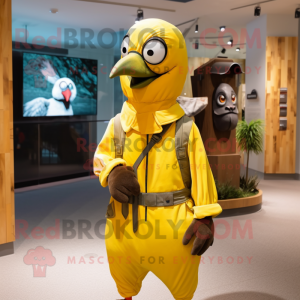 Yellow Woodpecker mascot costume character dressed with a Parka and Belts