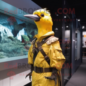 Yellow Woodpecker mascot costume character dressed with a Parka and Belts