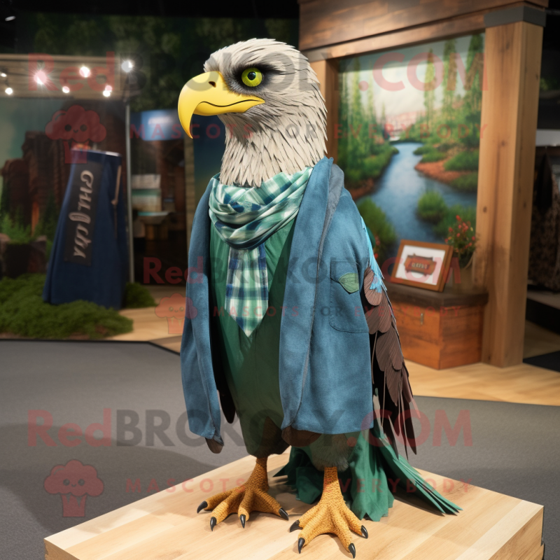 Forest Green Eagle mascot costume character dressed with a Chambray Shirt and Shawl pins