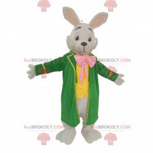 Mascote coelho branco com uma grande jaqueta verde -
