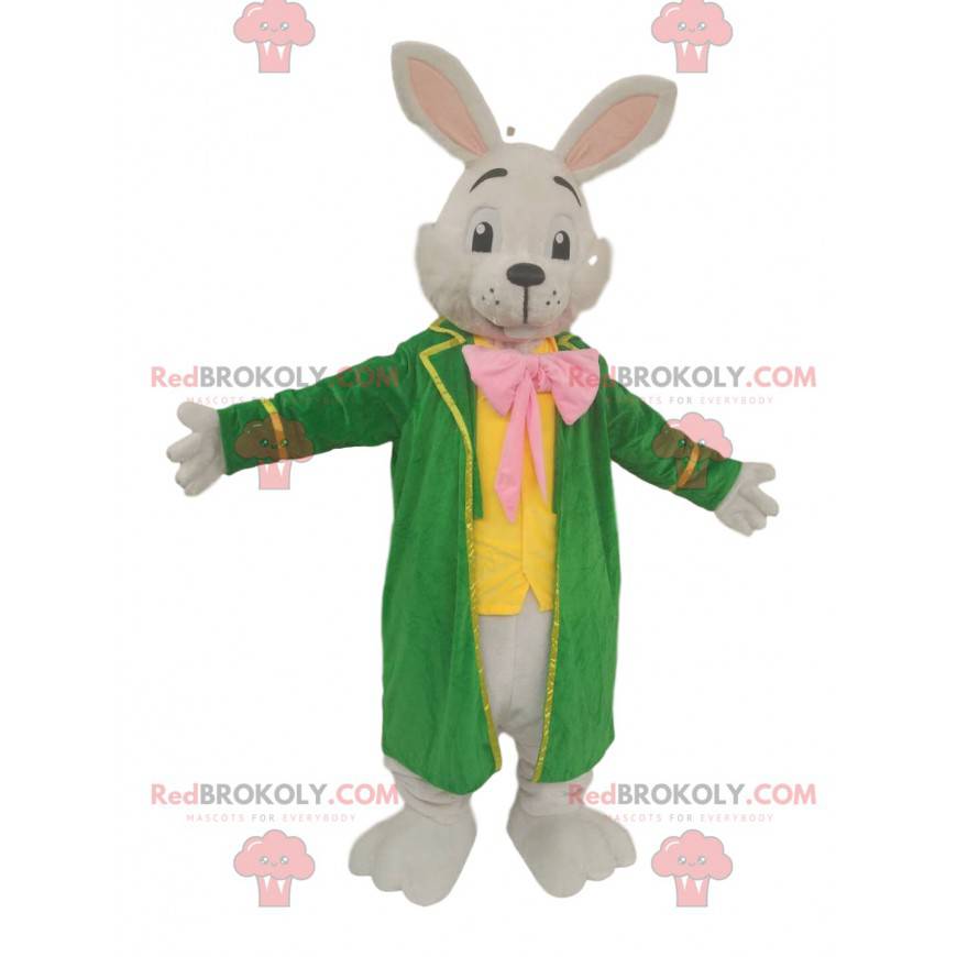 Vit kaninmaskot med en stor grön jacka - Redbrokoly.com