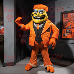 Orange Frankenstein'S Monster mascot costume character dressed with a Blazer and Wraps