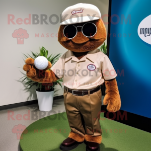 Brown Golf Ball mascot costume character dressed with a Henley Tee and Hats