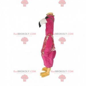 Mascote flamingo rosa com óculos escuros e chapéu -