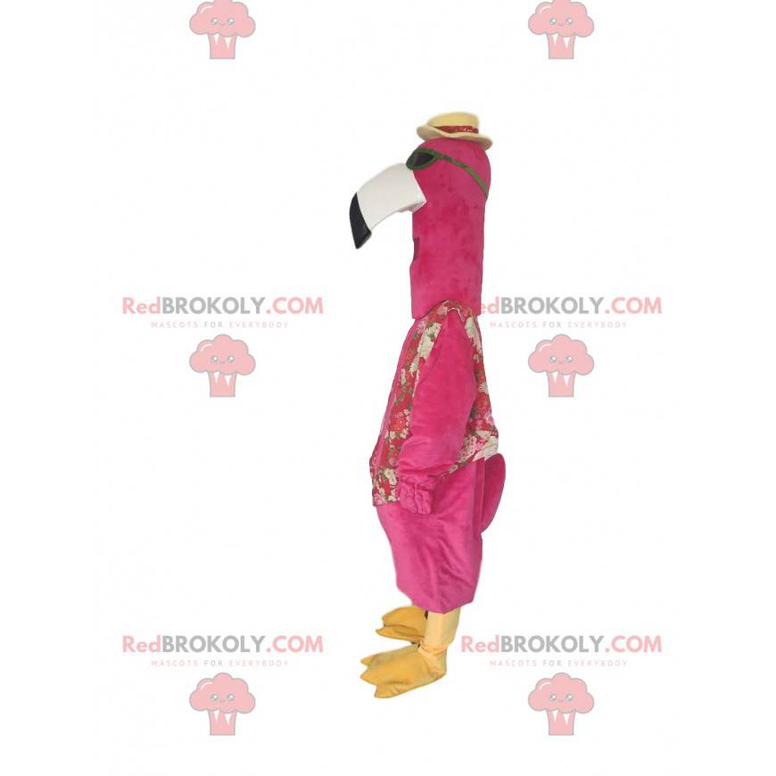 Mascota de flamenco rosa con gafas de sol y un sombrero -