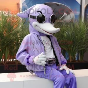 Lavender Dolphin mascot costume character dressed with a Moto Jacket and Necklaces