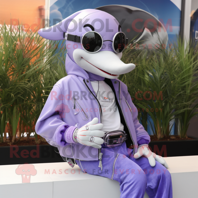 Lavender Dolphin mascot costume character dressed with a Moto Jacket and Necklaces Lavender Dolphin mascot costume character dressed with a Moto Jacket and Necklaces