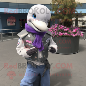 Lavender Dolphin mascot costume character dressed with a Moto Jacket and Necklaces