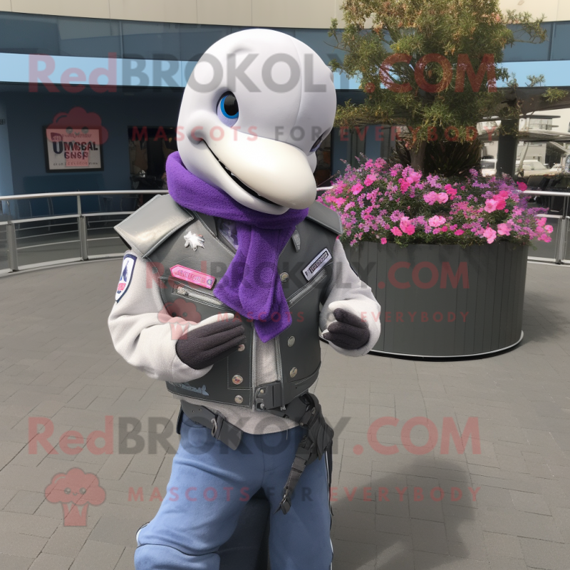 Lavender Dolphin mascot costume character dressed with a Moto Jacket and Necklaces Lavender Dolphin mascot costume character dressed with a Moto Jacket and Necklaces