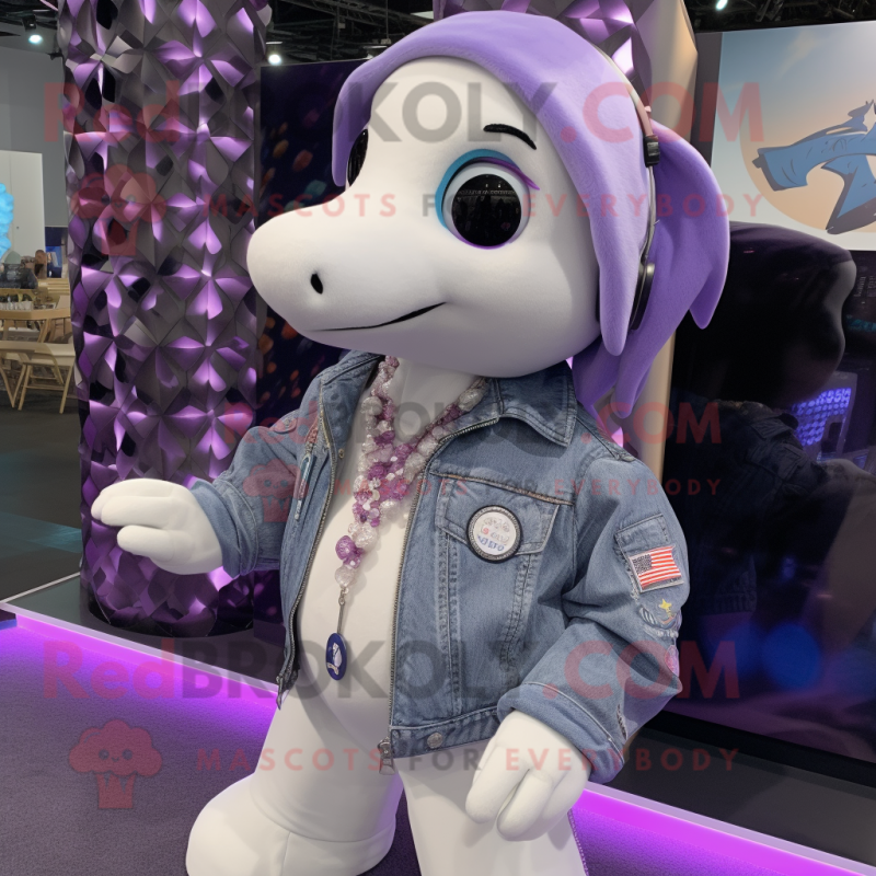 Lavender Dolphin mascot costume character dressed with a Moto Jacket and Necklaces