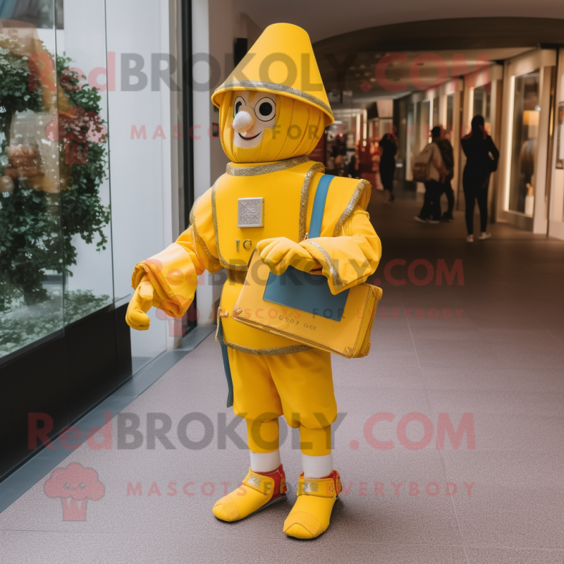 Yellow Swiss Guard mascot costume character dressed with a Overalls and Wallets