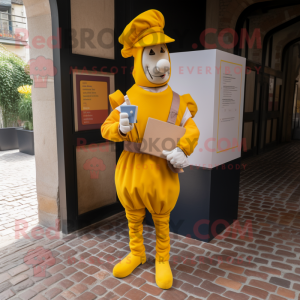 Yellow Swiss Guard mascot costume character dressed with a Overalls and Wallets