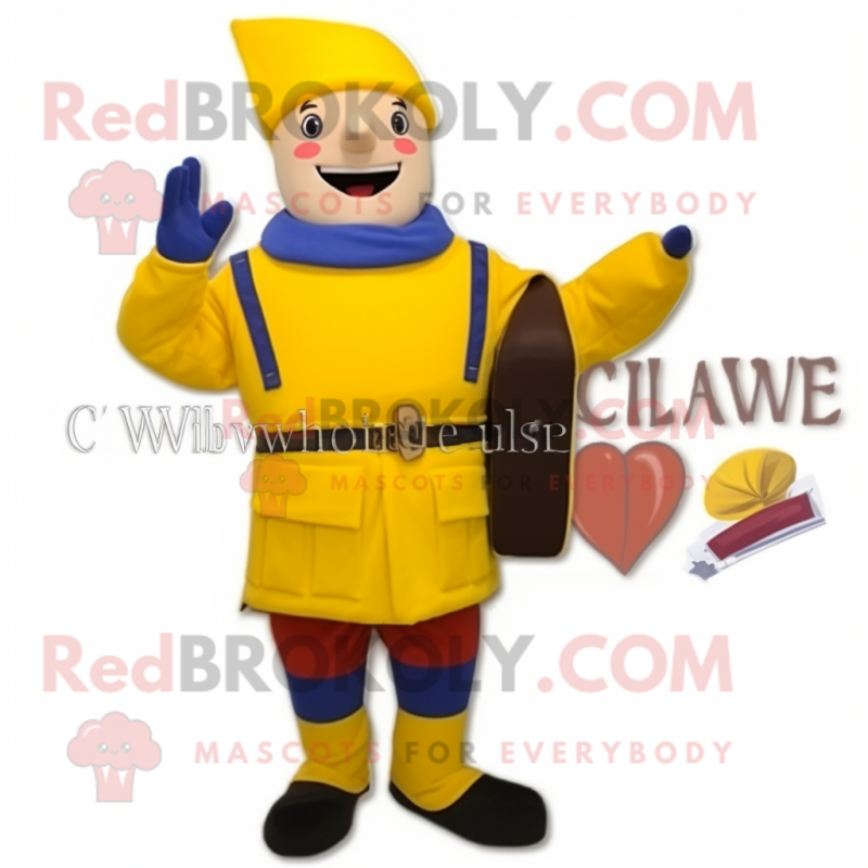 Yellow Swiss Guard mascot costume character dressed with a Overalls and Wallets Yellow Swiss Guard mascot costume character dressed with a Overalls and Wallets