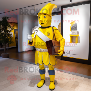 Yellow Swiss Guard mascot costume character dressed with a Overalls and Wallets