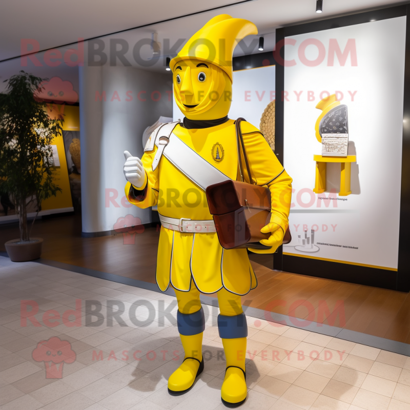 Yellow Swiss Guard mascot costume character dressed with a Overalls and Wallets Yellow Swiss Guard mascot costume character dressed with a Overalls and Wallets