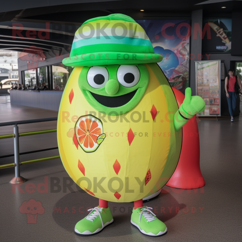 Lime Green Melon mascot costume character dressed with a Board Shorts and Beanies Lime Green Melon mascot costume character dressed with a Board Shorts and Beanies