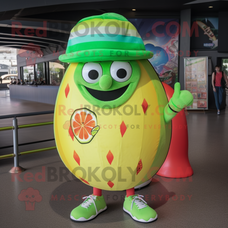 Lime Green Melon mascot costume character dressed with a Board Shorts and Beanies