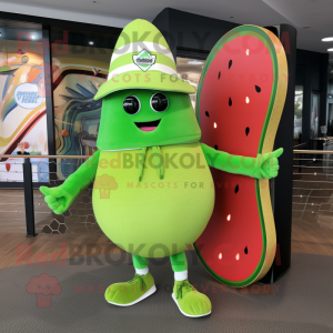 Lime Green Melon mascot costume character dressed with a Board Shorts and Beanies