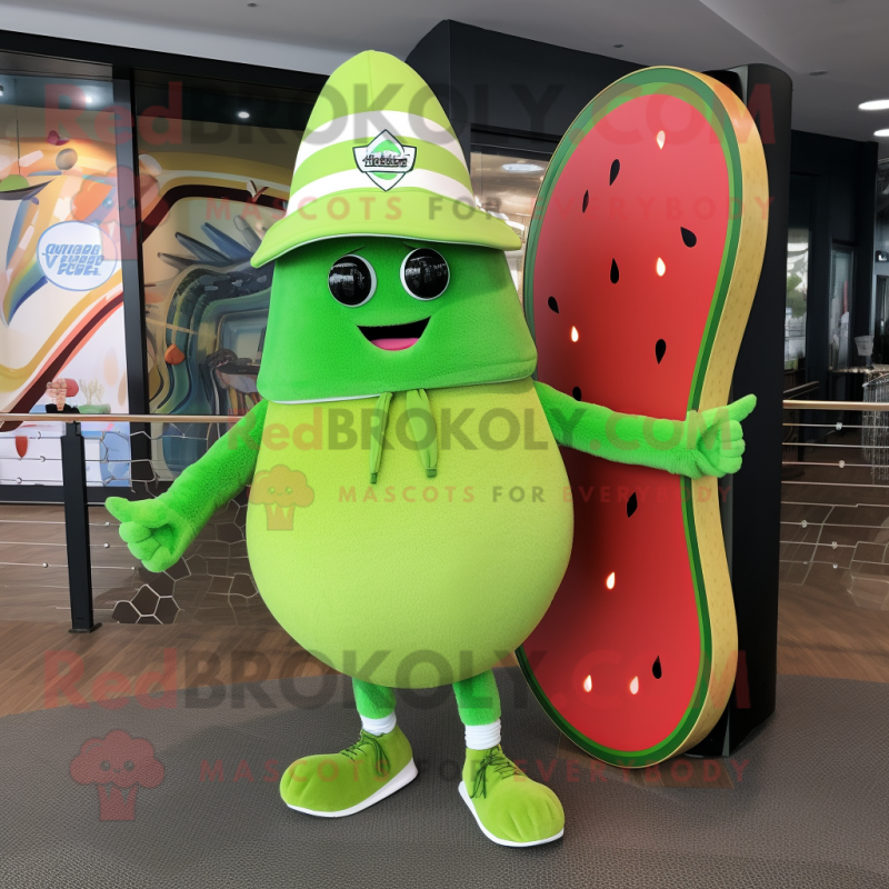 Lime Green Melon mascot costume character dressed with a Board Shorts and Beanies