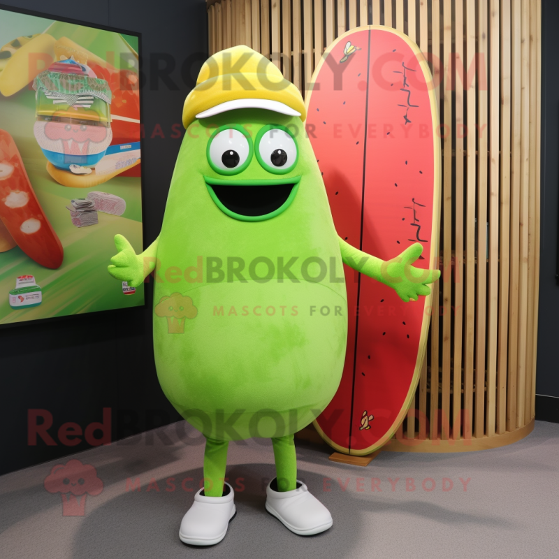 Lime Green Melon mascot costume character dressed with a Board Shorts and Beanies