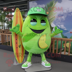 Lime Green Melon mascot costume character dressed with a Board Shorts and Beanies