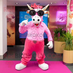 Pink Hereford Cow mascot costume character dressed with a Leggings and Sunglasses