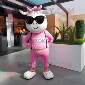 Pink Hereford Cow mascot costume character dressed with a Leggings and Sunglasses