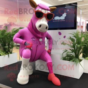 Pink Hereford Cow mascot costume character dressed with a Leggings and Sunglasses