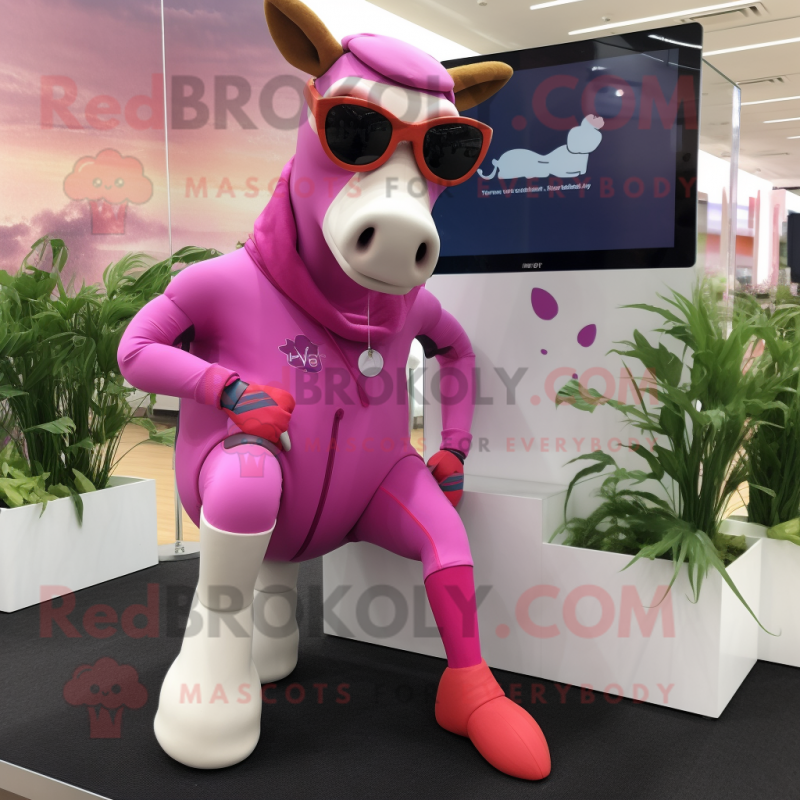 Pink Hereford Cow mascot costume character dressed with a Leggings and Sunglasses Pink Hereford Cow mascot costume character dressed with a Leggings and Sunglasses